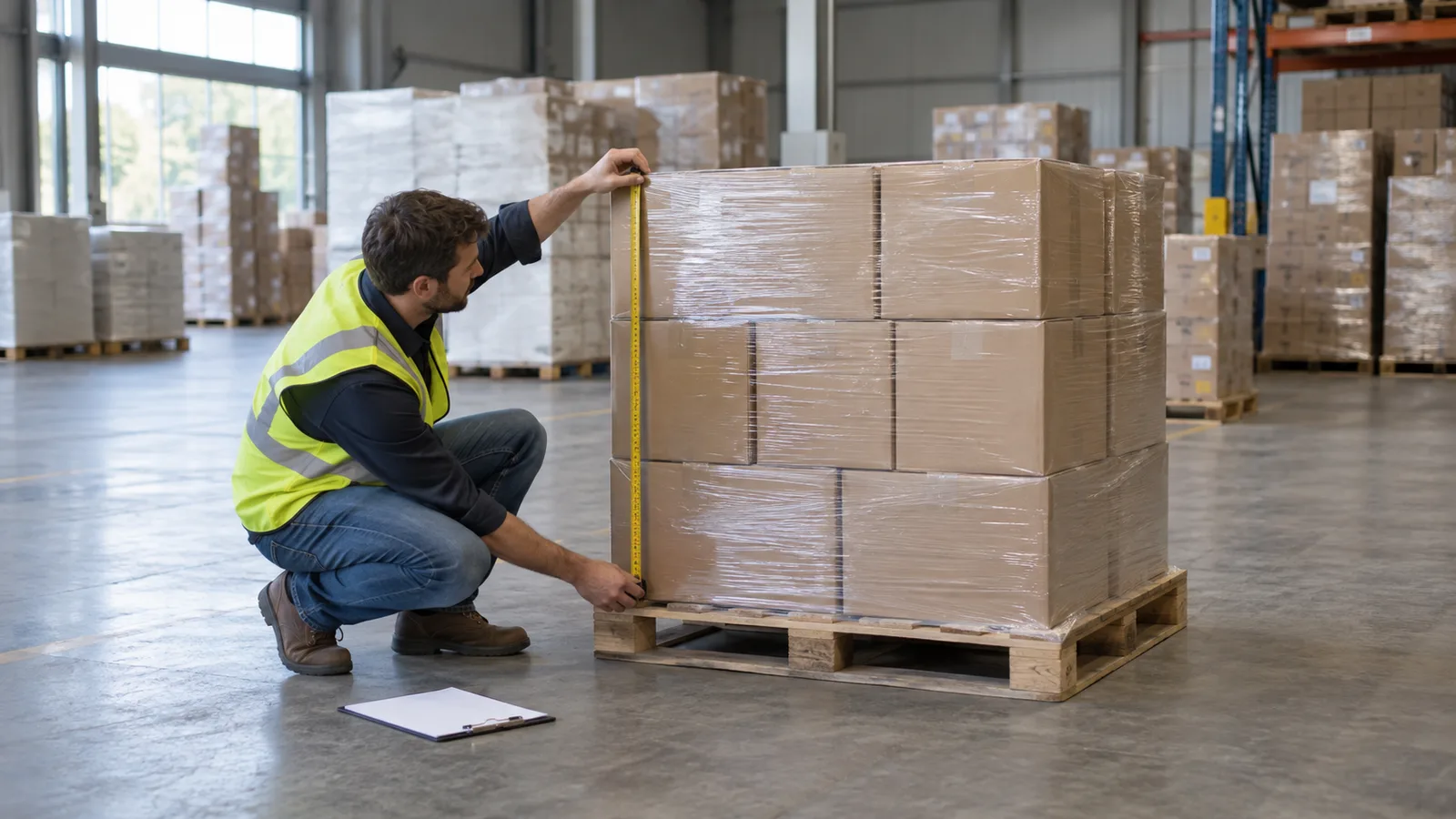 A coordinator measures a palletized load in a warehouse.