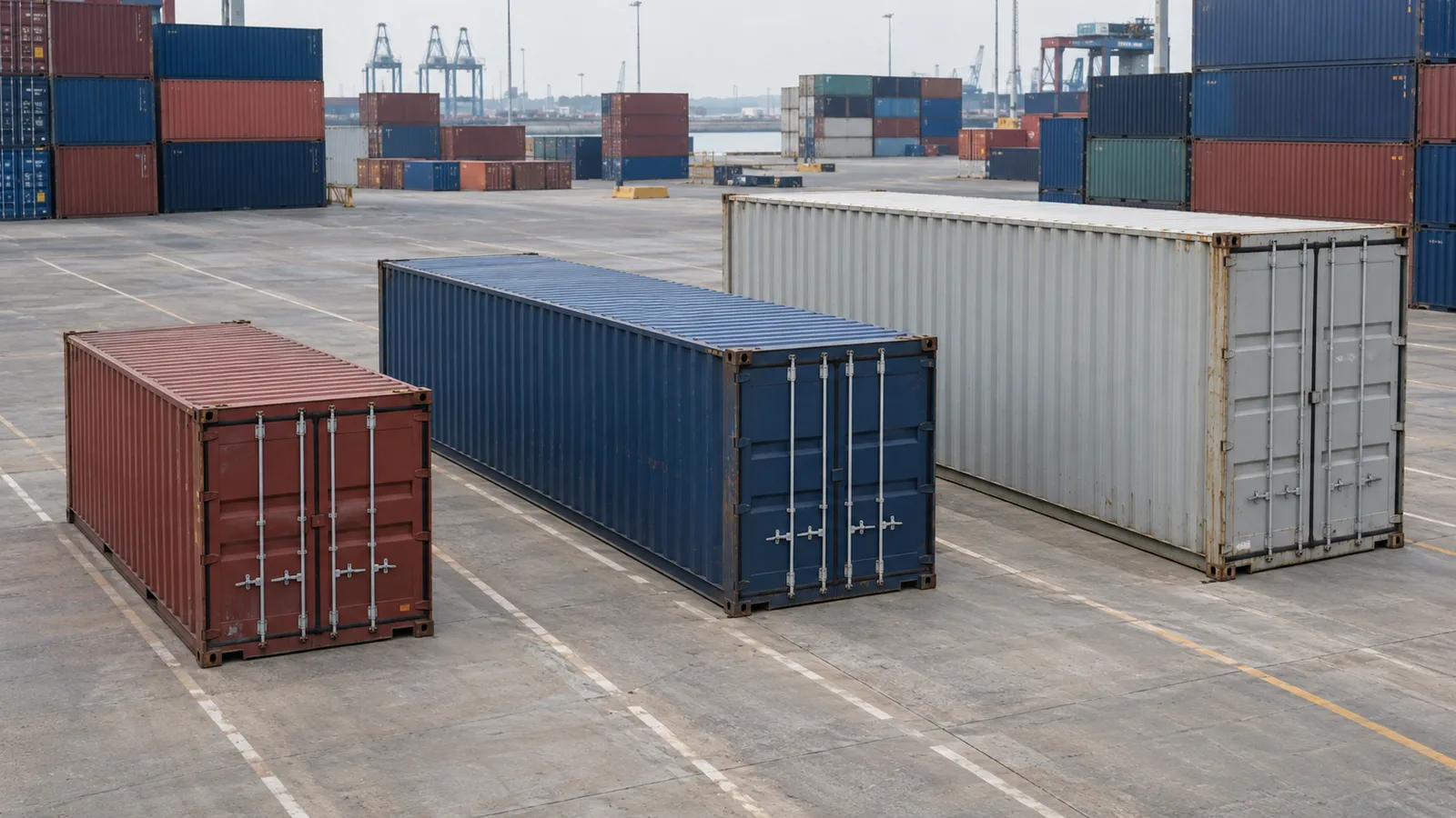 Tre container di dimensioni diverse in un deposito.