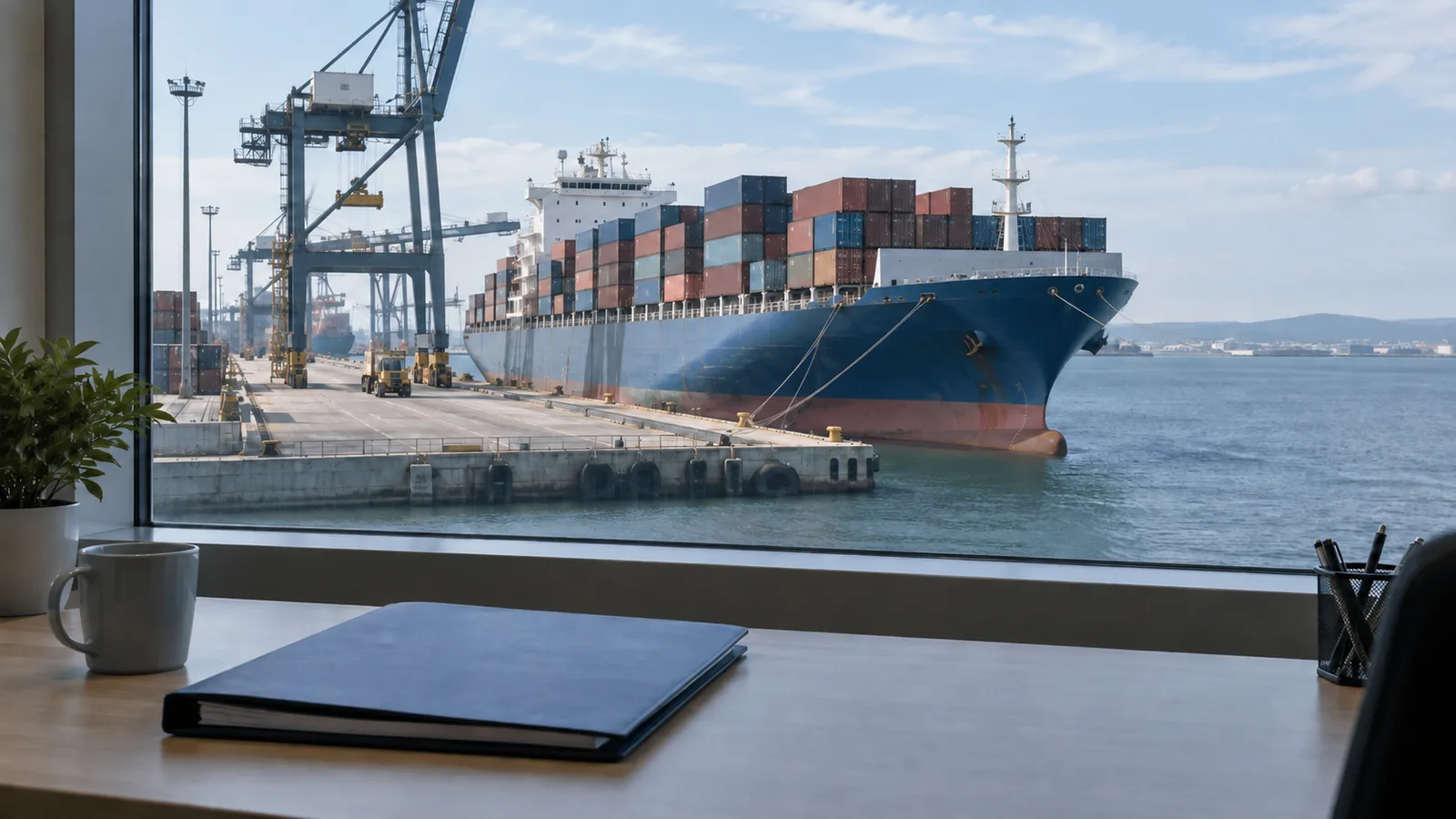 Documents on an office desk overlooking a container ship in port.