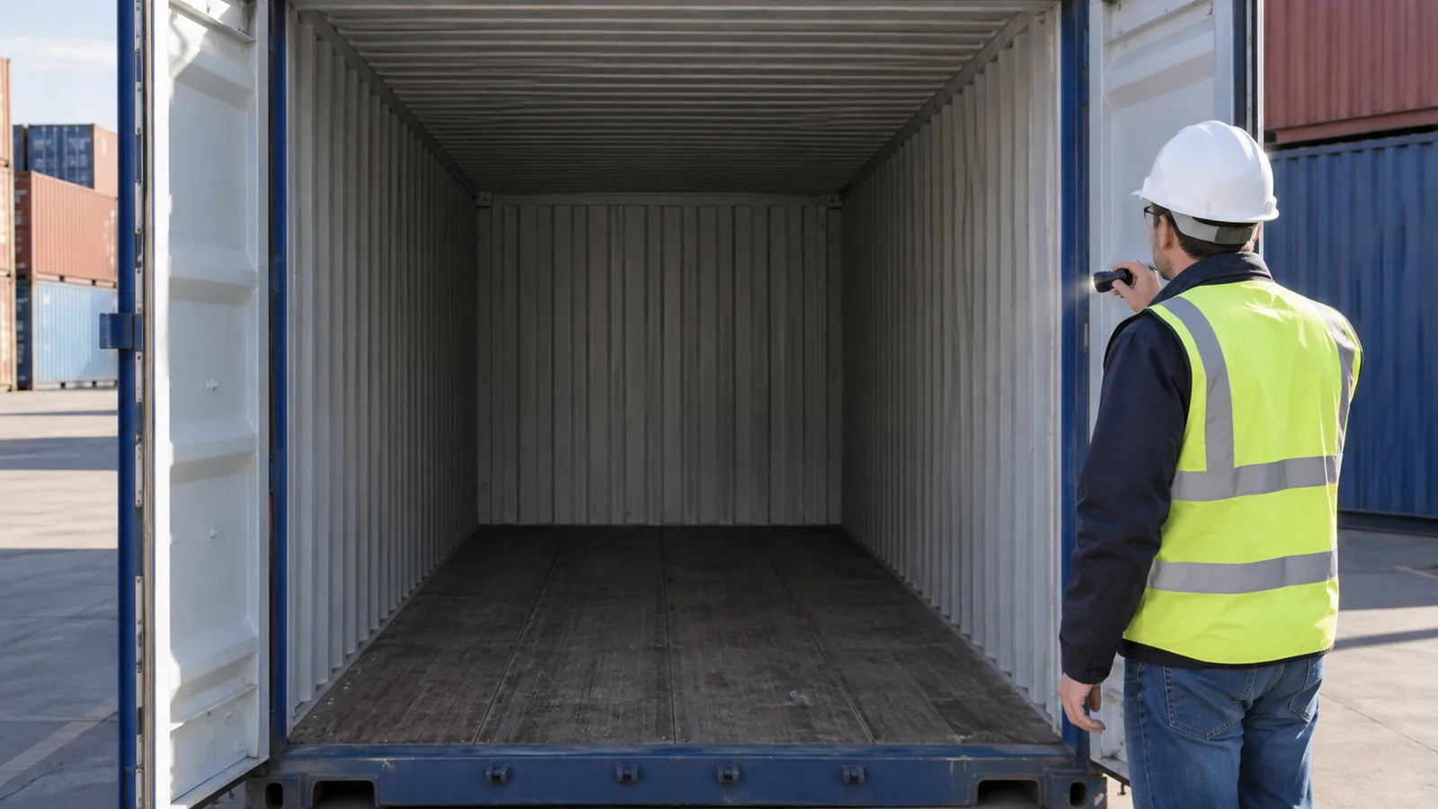 Ispezione dell’interno vuoto di un container prima del carico.