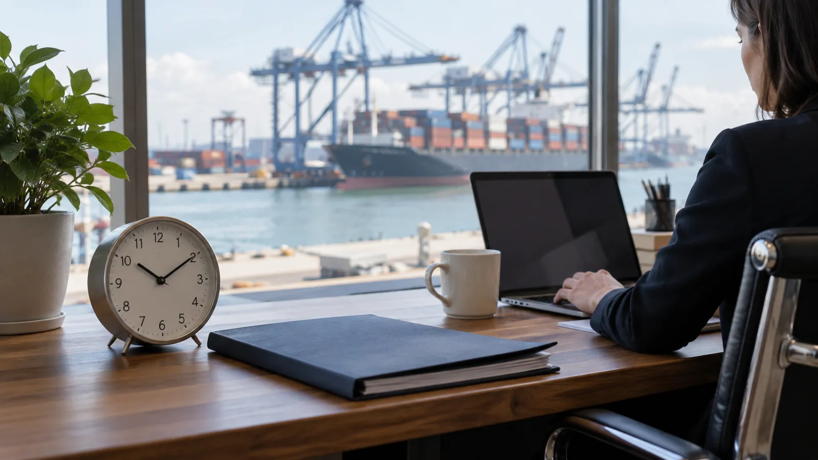 A clock and quotation folder beside a workstation overlooking a container terminal.