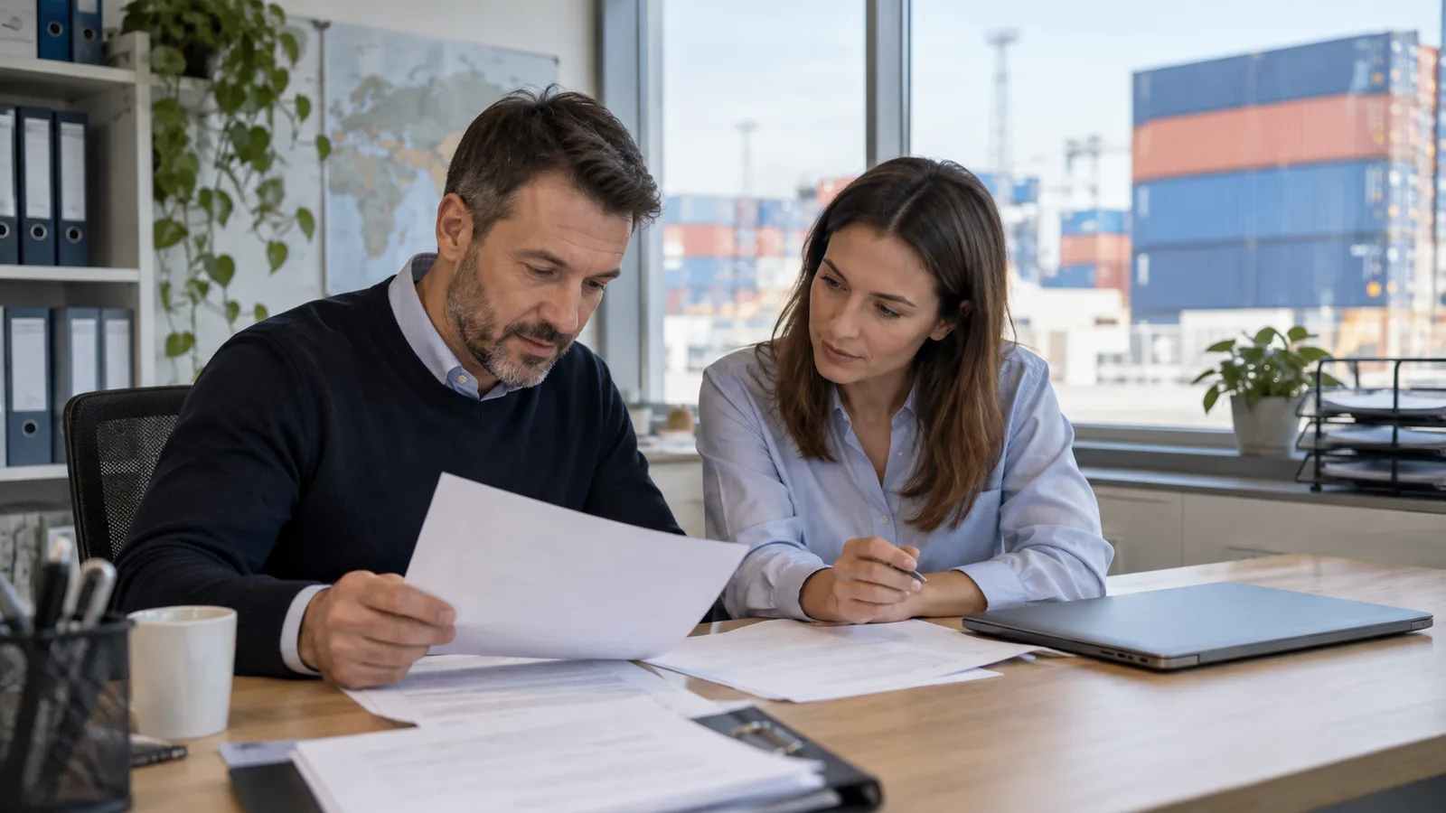 Two office staff review paperwork for transport payments.