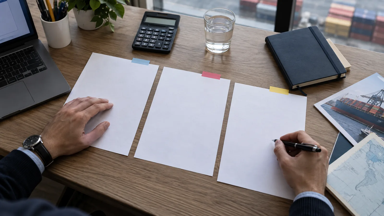 Three sets of documents with coloured tabs are arranged for a cost comparison.