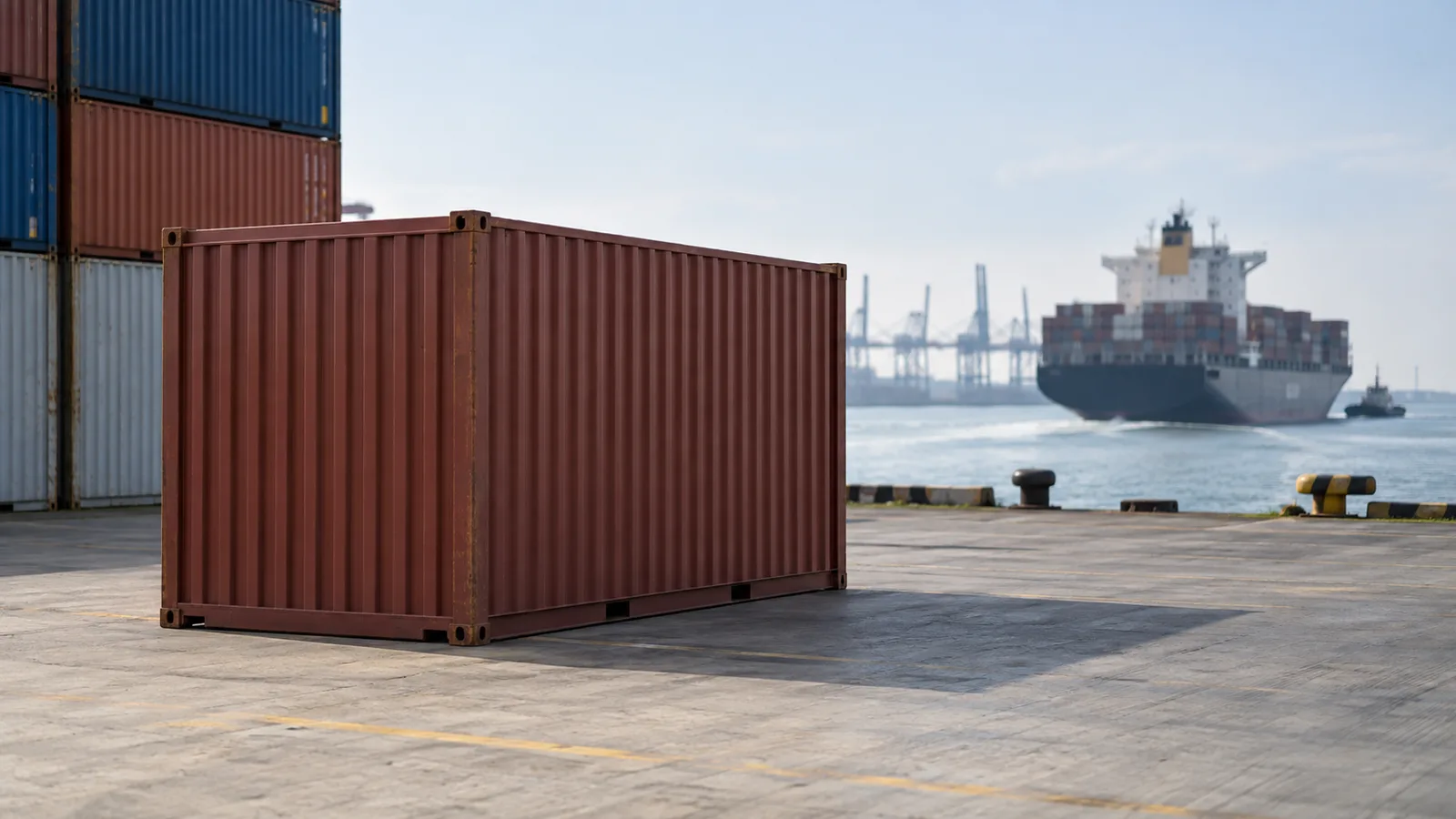 A container on the quay with a departing ship in an illustrative port scene.