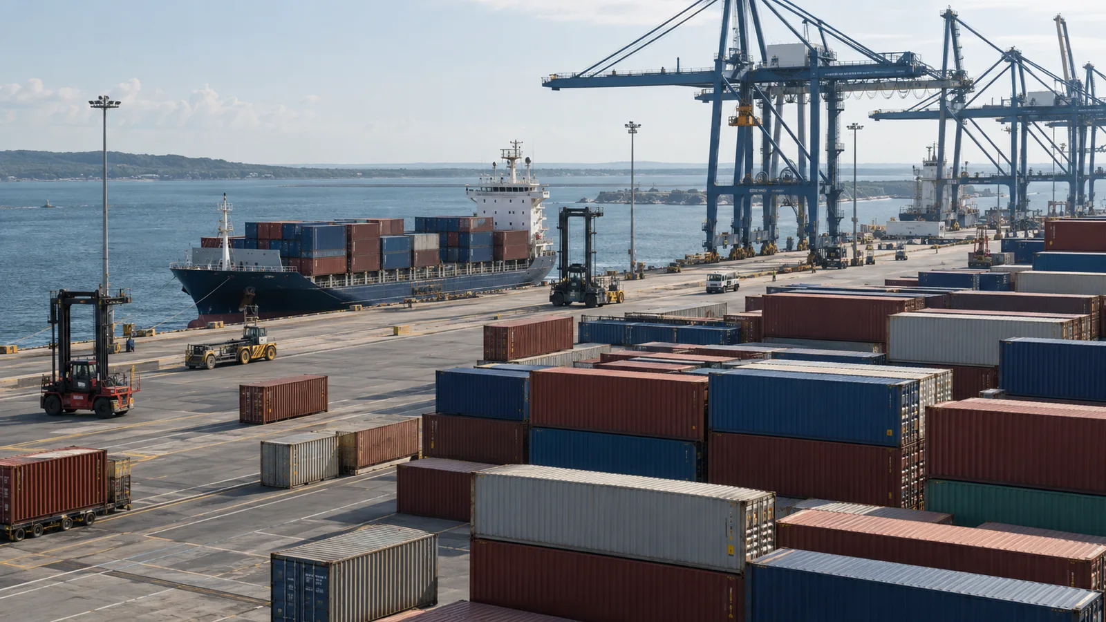 A feeder vessel at a transshipment terminal surrounded by container stacks.