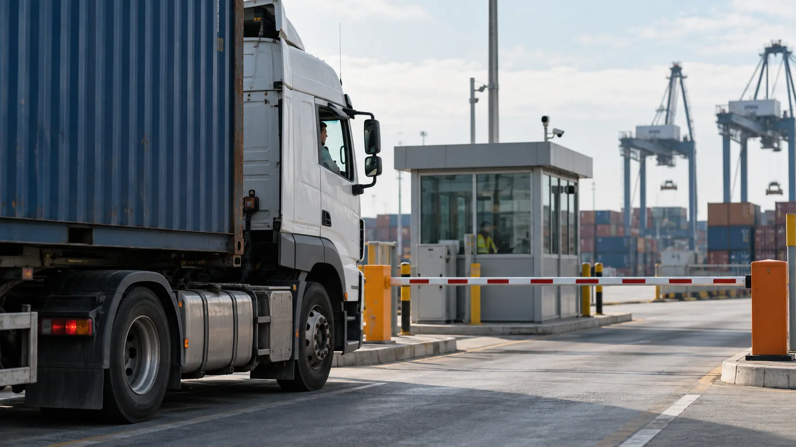 Un camion attende davanti alla barriera chiusa di un terminal container.