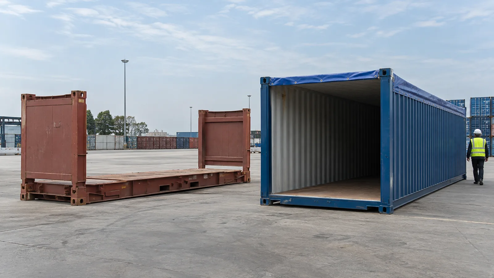 Empty open top and flat rack containers in a depot.