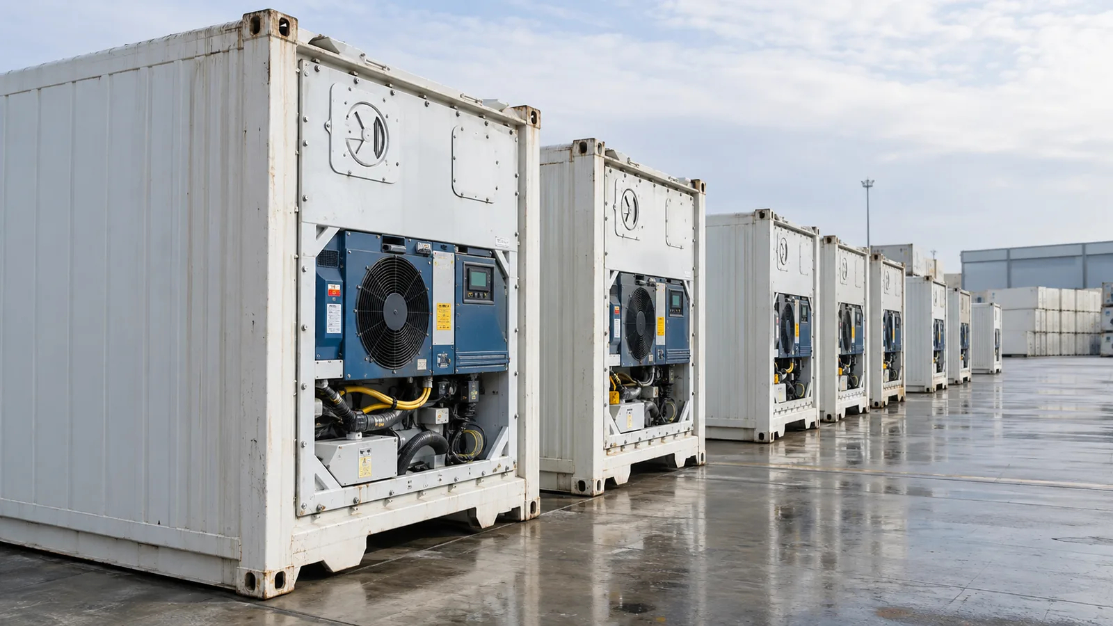 Filas de contenedores refrigerados con los equipos de frío visibles.