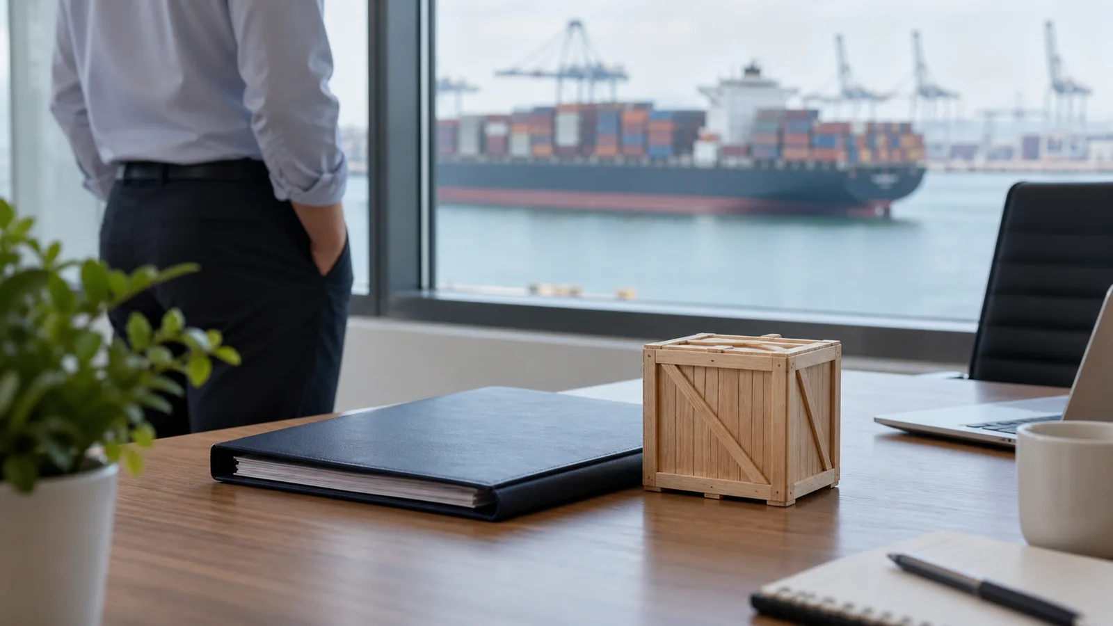 Document folder beside a wooden box and a container model.