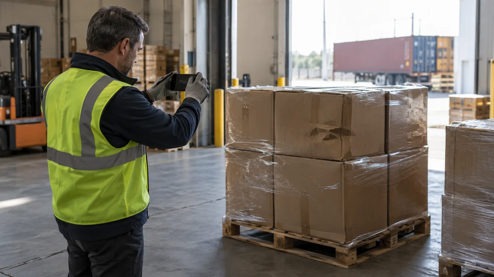 Person photographing a dented carton in a warehouse.