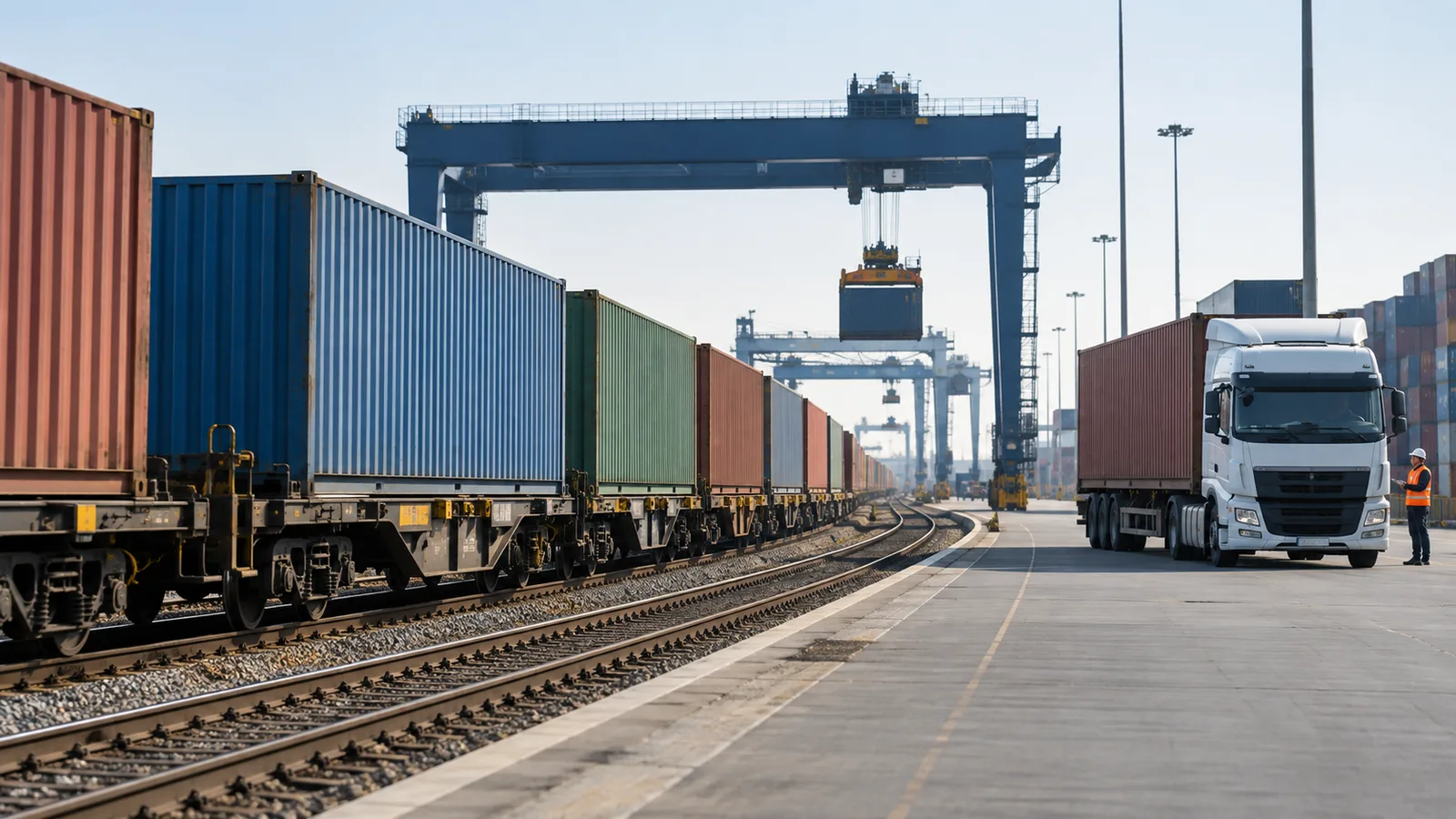 Treno portacontainer e camion in un terminal intermodale.