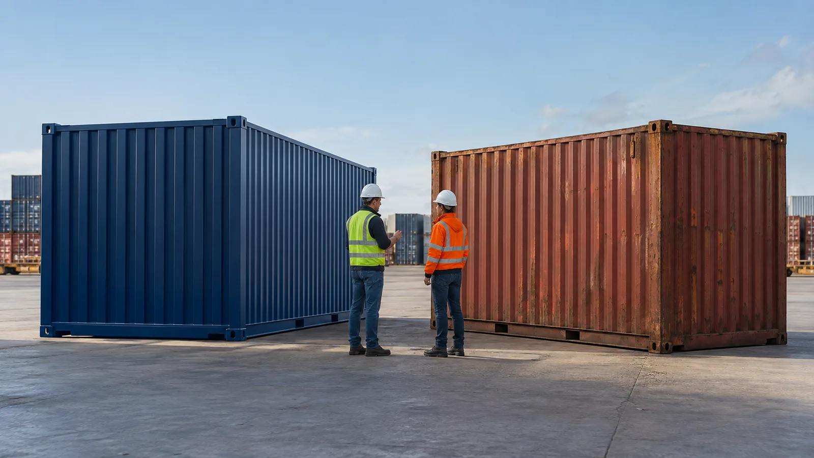 KI-Illustration: Zwei unterschiedlich aussehende Dry-Container stehen in einem Depot.