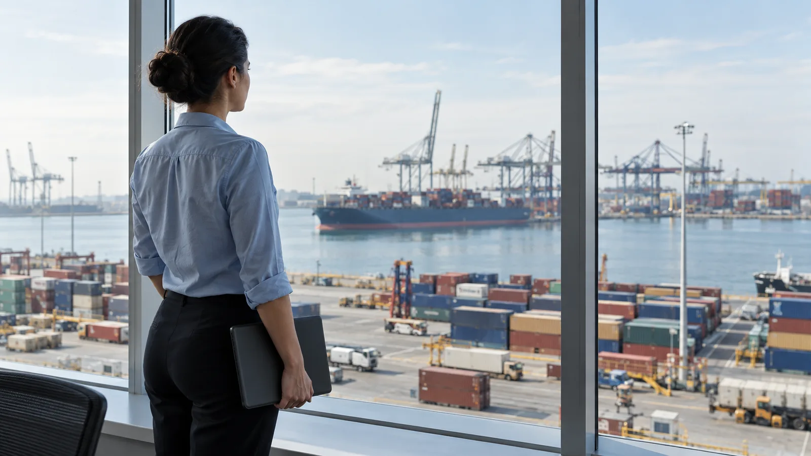KI-Illustration: Ein Koordinator im Hafen hält ein Tablet, dessen Bildschirm nicht sichtbar ist.